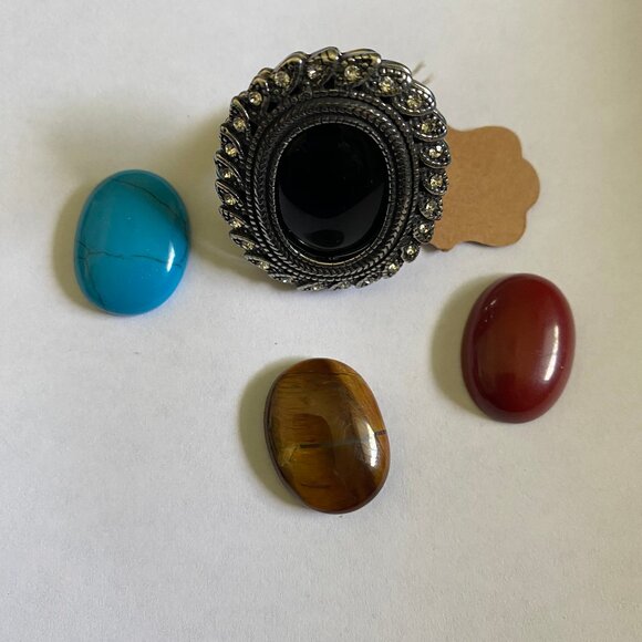 Exchangeable Gemstone Rocks Ring Stainless Steel W/Agate, Turquoise & Tiger Eye - Picture 4 of 8
